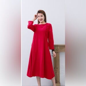 ANYSIZE Red ruffle chest linen blend neutral simple woman midi length dress 10